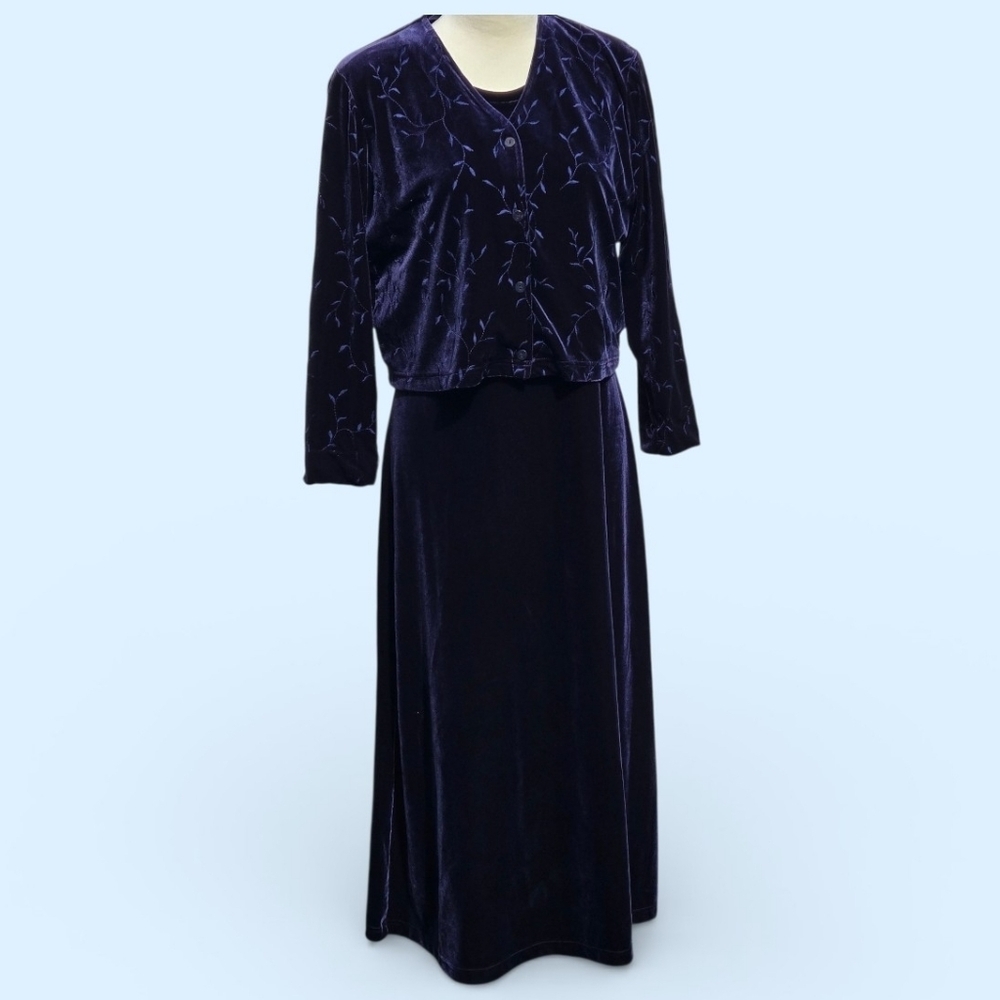 VTG 80's Talbots Blue Velvety Velour Maxi Dress With Jacket Women's M Petite - Picture 3 of 16